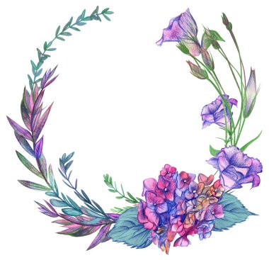 Ortanca çiçekleri ve östoma filizleriyle yuvarlak çerçeve