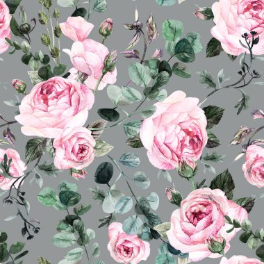 Seamless watercolor botanical pattern with graceful rose flowers in vintage style clipart