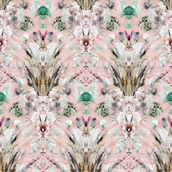 Spegelmönster för textilier. En botanisk berättelse i milda nyanser med ett symmetriskt stiliserat retrofjärilsmönster — Stockfoto