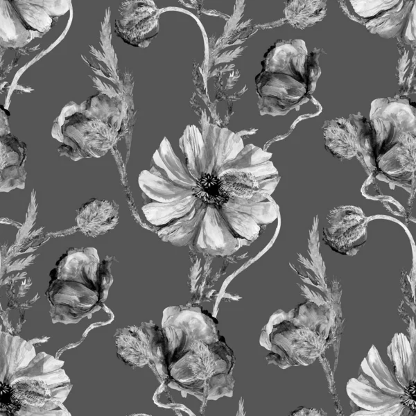 Patrón monocromo sin costuras en estilo vintage con amapolas sobre un fondo gris —  Fotos de Stock