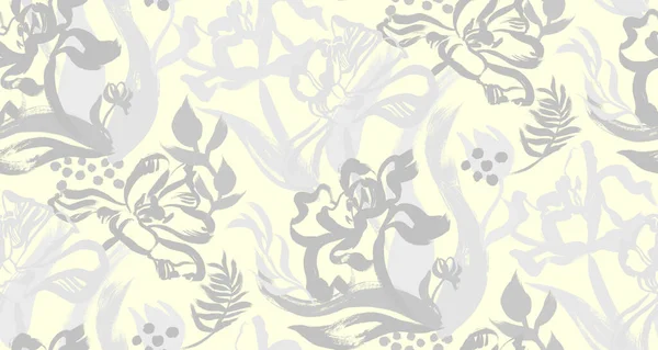 Nahtloses Muster mit monochromen Tulpenblüten mit Blättern auf hellgelbem Hintergrund — Stockfoto