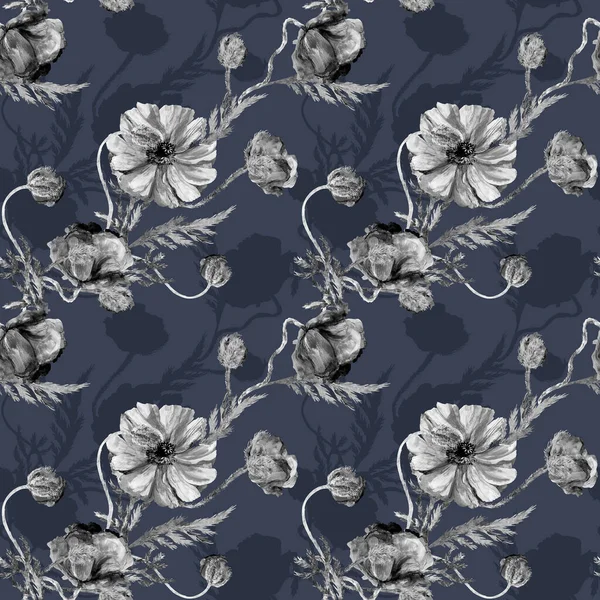 Monochrome floral seamless pattern with black and white poppies painted in watercolor