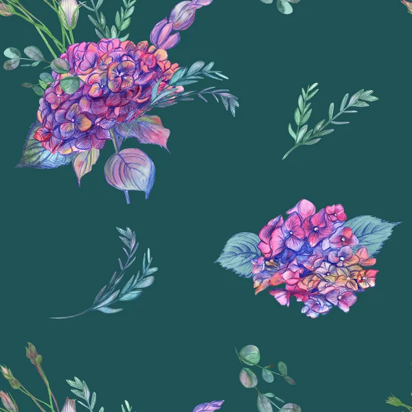 Patrón sin costuras con flores de hortensias rosadas dibujadas sobre un fondo verde oscuro —  Fotos de Stock