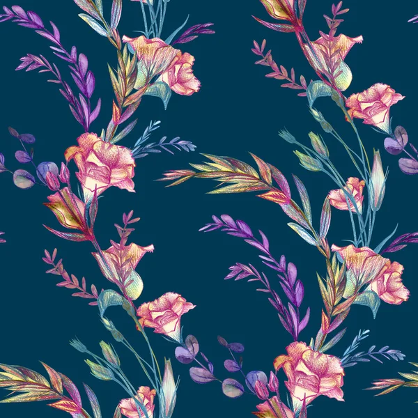 Patrón botánico sin costuras con flores de colores sobre fondo azul oscuro —  Fotos de Stock