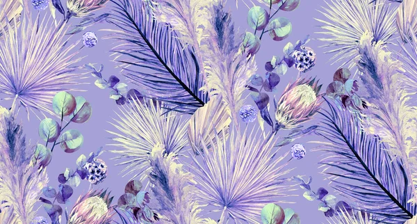 Modello acquerello con fiori secchi tropicali e pampas erba su uno sfondo viola delicato — Foto Stock