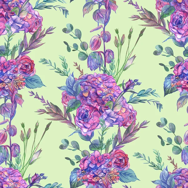 Seamless pattern with a Bouquet of pink flowers of hydrangea roses and eustoma drawn — Stock Photo, Image