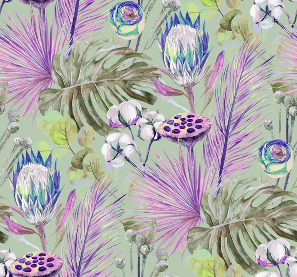 Watercolor modern pattern with tropical dried flowers of protea flowers on a green background — Stock Photo, Image