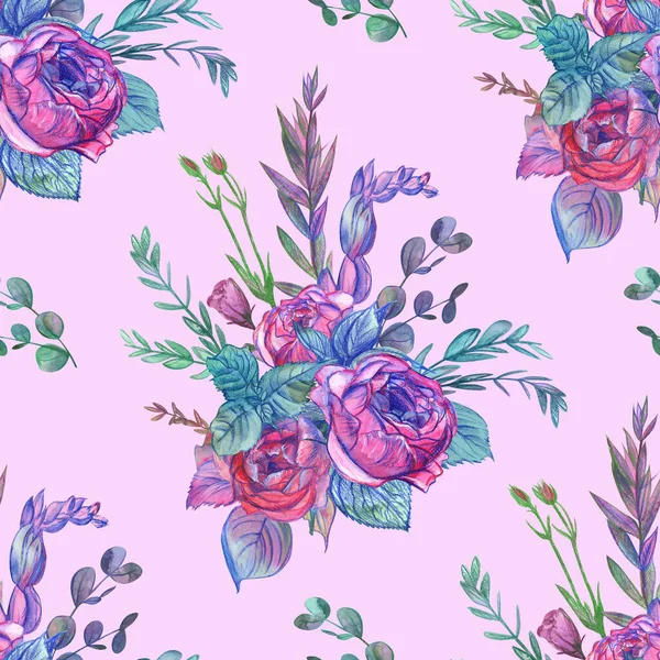 Patrón botánico sin costuras con ramo vintage de rosas dibujadas con acuarela —  Fotos de Stock