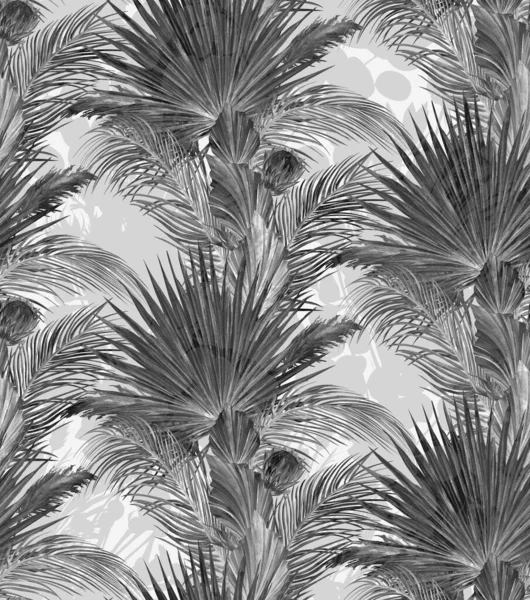 Svart och vit sömlös mönster med buketter av torkade protea blommor och palmblad på en grå bakgrund — Stockfoto