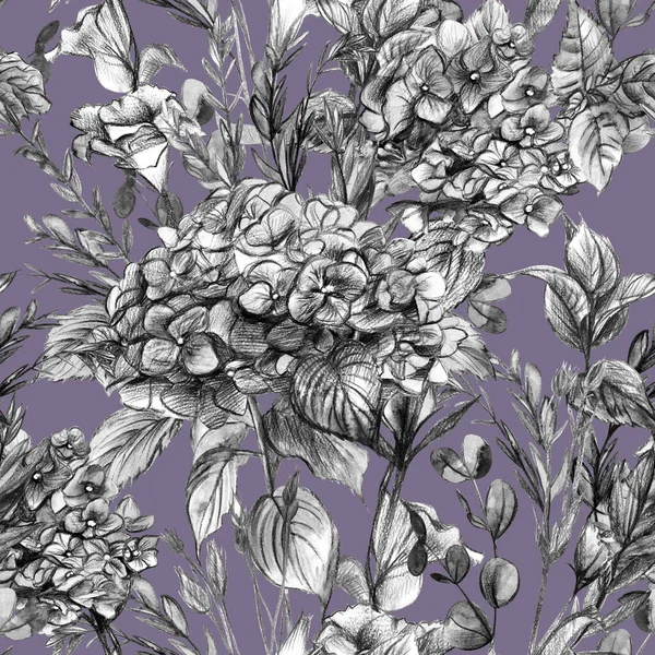 Botaniska svart och vitt mönster med hortensior och örter på en lila bakgrund — Stockfoto