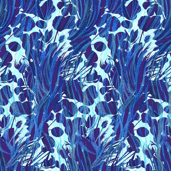 Patrón sin costuras en capas azules con siluetas botánicas de hierbas y flores —  Fotos de Stock