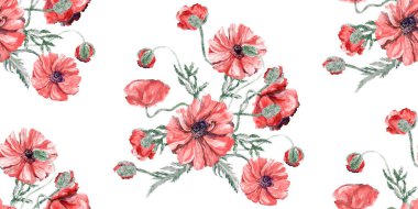 Beyaz arka planda bir buket kırmızı makak ile yaz botanik motifi