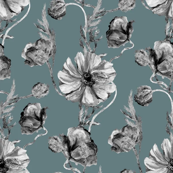 Bezproblemowa czarno-biała botaniczna gadka z pełnym wdzięku makiem do letnich tekstyliów modowych — Zdjęcie stockowe