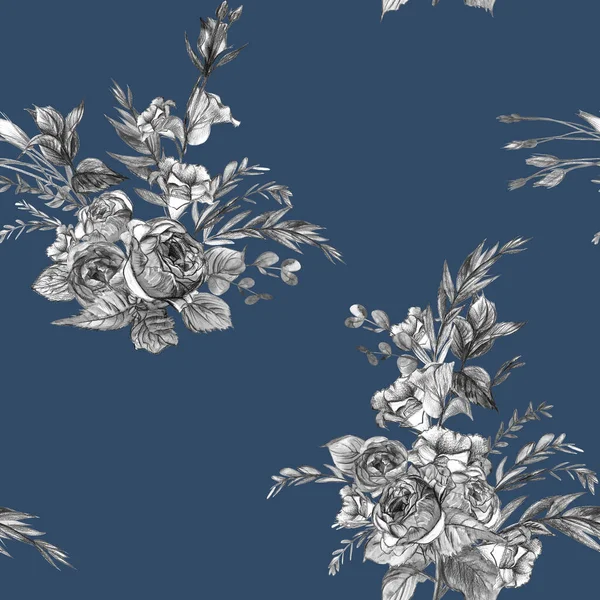 Modello botanico senza cuciture in bianco e nero con disegno grafico di rose su un blu scuro — Foto Stock