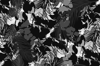 Siyah ve beyaz, pürüzsüz tropikal desenli, palmiye siluetleriyle.