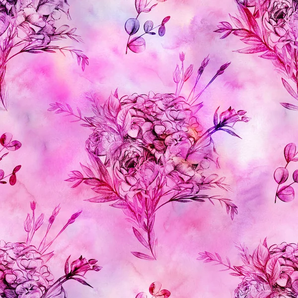 Sömlös rosa mönster med en bukett av vintage blommor rosor — Stockfoto