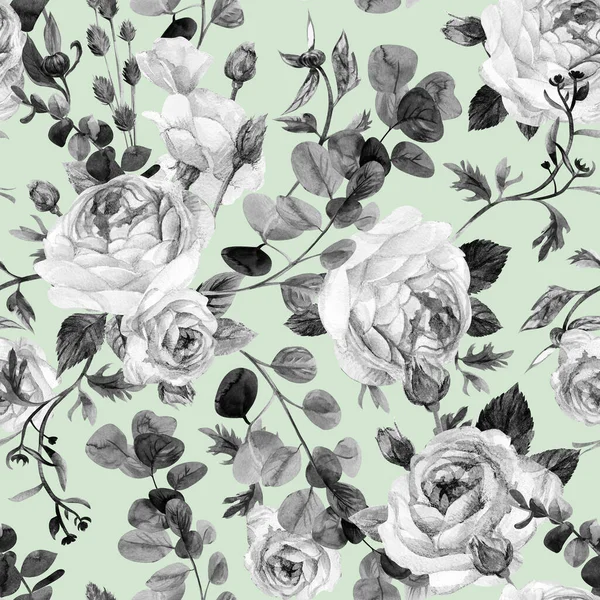 Seamless pattern with black and white roses and eucalyptus on a light green background