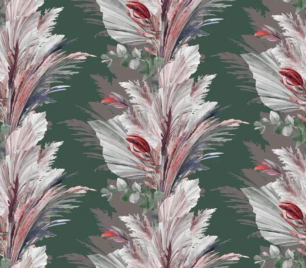 Modello senza cuciture con un mazzo di fiori secchi in stile Boho con foglie di palma — Foto Stock
