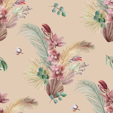 Kuru palmiye yapraklı yaz deseni bej arkaplanda bitkisel bitki ve orkide çiçekleri bırakır.