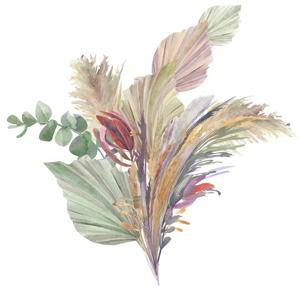 Boeket tropische gedroogde bloemen met palmtakken geschilderd in aquarel — Stockfoto