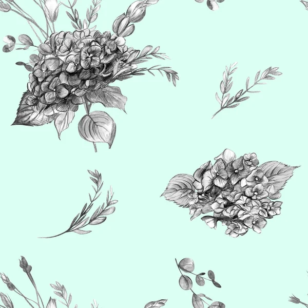 Patrón con ramos de flores de hortensias en estilo vintage sobre fondo turquesa —  Fotos de Stock