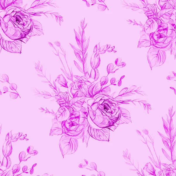 Pink monochrome botanical pattern with vintage bouquet of roses drawn in penci — Stock Photo, Image