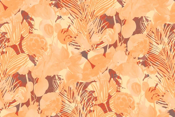 Persikrom blandning av tropiska silhuetter och palmkvistar och blad — Stockfoto