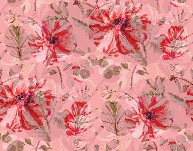 Kusursuz desenli, botanik tek renkli siluetler ve kırmızı gerçekçi gelincikler.