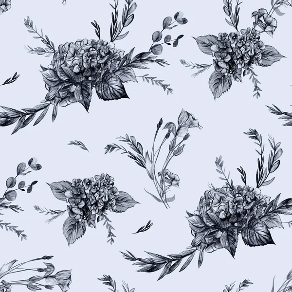 Patrón botánico gris con diseño gráfico de flores de hortensias —  Fotos de Stock