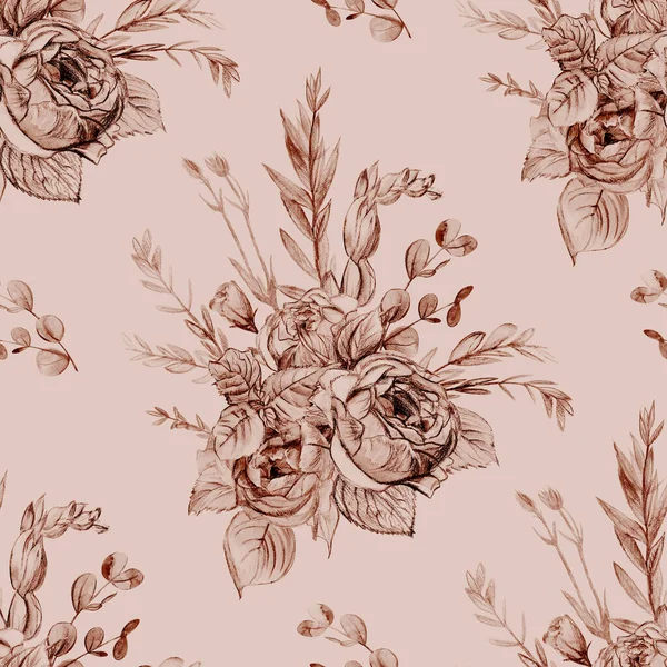 Patrón botánico beige monocromo textil sin costuras con diseño gráfico de rosas y eustoma — Foto de Stock