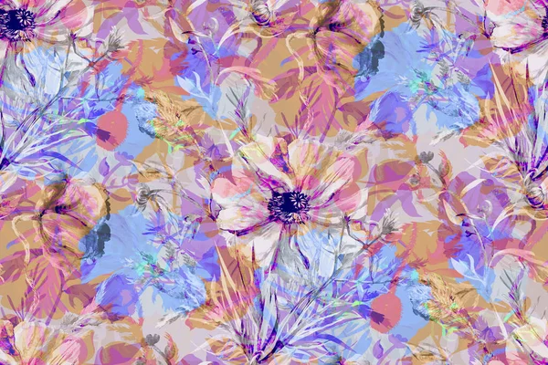 多色の夏のパターンでケシの花やハーブ — ストック写真