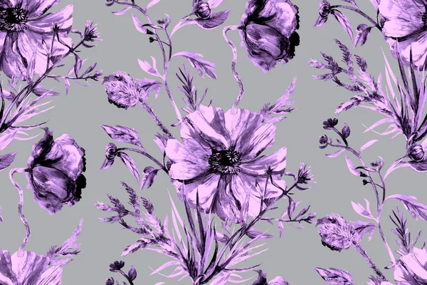 Einfarbiges nahtloses Motiv mit Mohnblumen in Fliedertönen auf grauem Hintergrund — Stockfoto