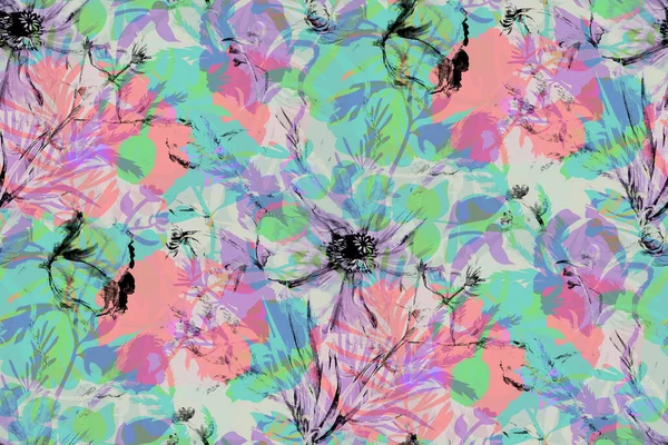 Vícebarevný botanický motiv s makovými květy a různými rostlinnými siluetami — Stock fotografie