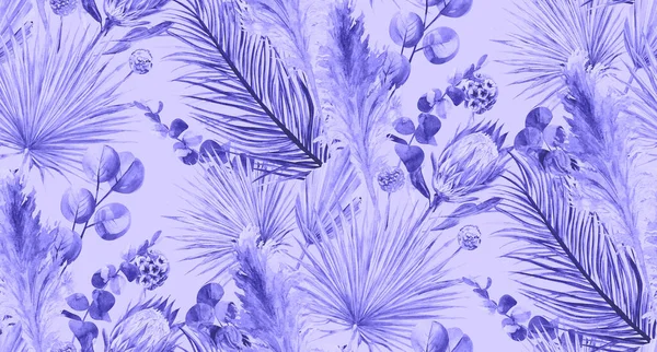 Aquarell monochromes Muster mit tropischen getrockneten Blumen und Pampasgras — Stockfoto