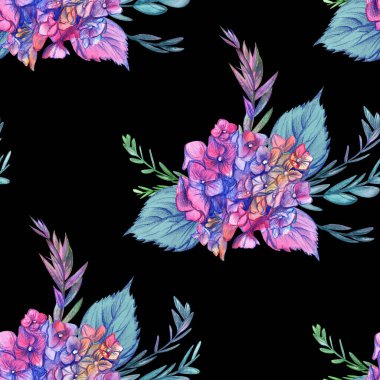 Su kolosuyla çizilmiş pembe ortancalarla kusursuz botanik deseni.