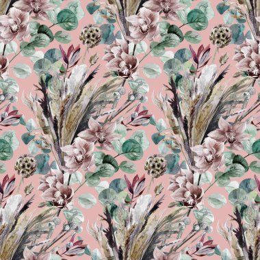 Boho tarzında botanik desen, pembe arka planda orkide çiçekleri ve bitkiler.