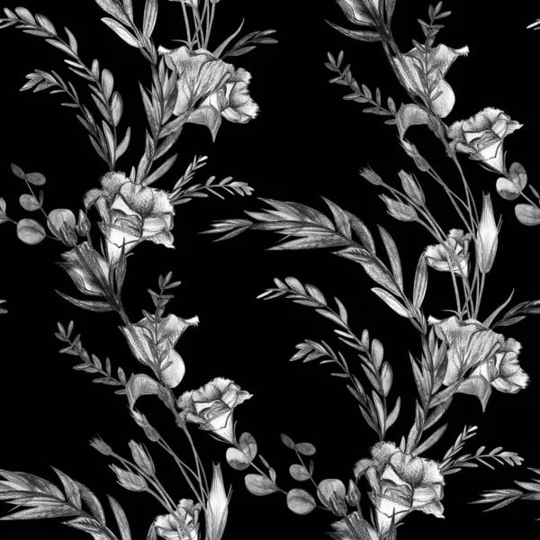 Vintage black and white botanical pattern with eustoma flowers — Stock Photo, Image