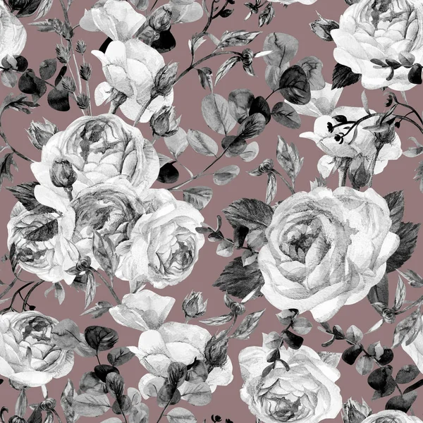 Pattern with vintage black and white roses with watercolor on a brown background