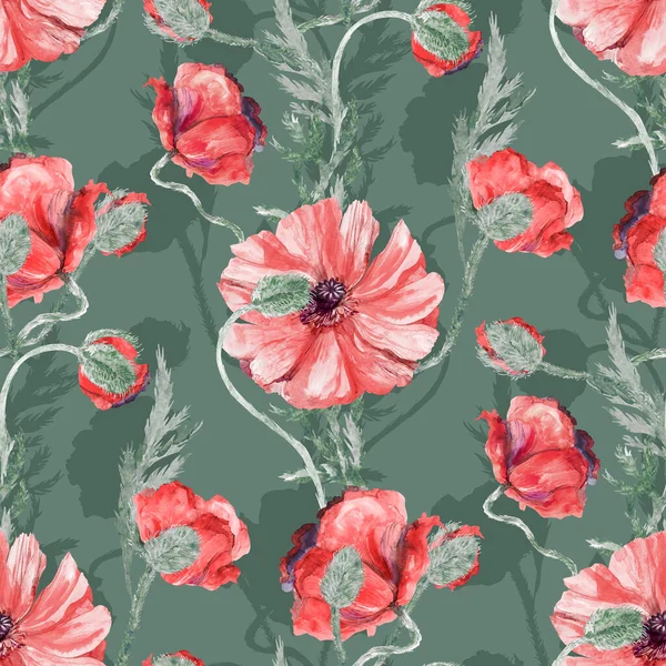 Seamless botanical watercolor pattern with red poppies on a green background — Stock Photo, Image