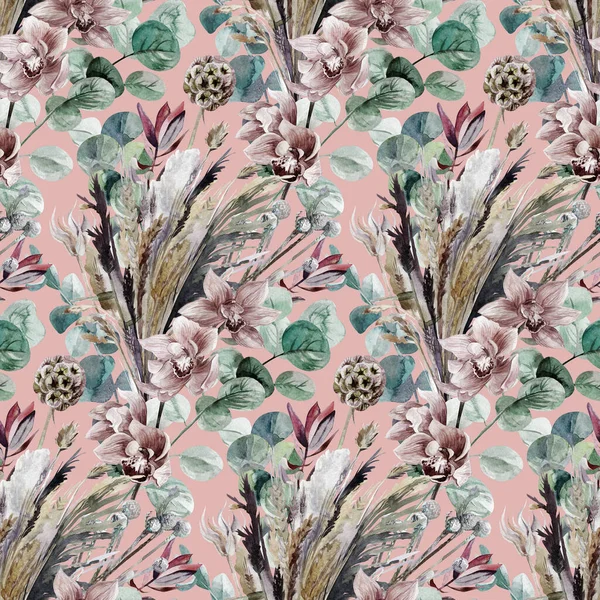 Boho tarzında botanik desen, pembe arka planda orkide çiçekleri ve bitkiler.