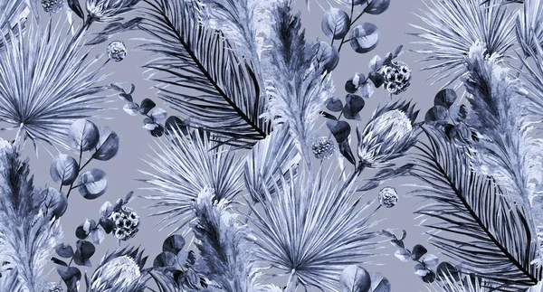 Nahtlos monochromes Aquarell grau-blaues Muster mit Protea-Blüten und tropischen Palmen — Stockfoto