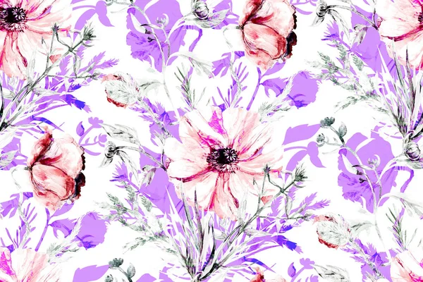 Bezešvé botanický vzor s mákem květiny a bylinky na bílém pozadí — Stock fotografie