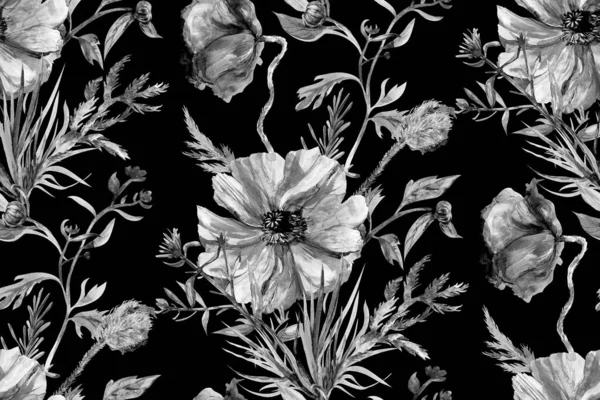 Akvarell retro zökkenőmentes minta monokróm mák virágok egy fekete háttér — Stock Fotó