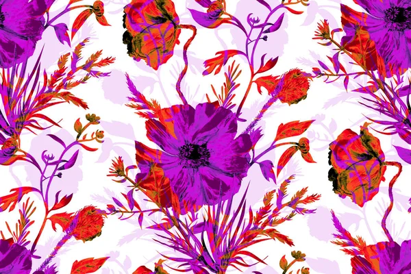 无缝隙水彩图案 紫色和红色罂粟花 白色背景 夏季纺织品和表面设计的现代剪影组合 — 图库照片