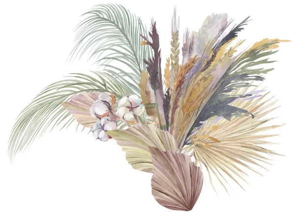 Kurumuş çiçekli buket pampalar ve palmiye yapraklarıyla sulu boyayla süslenmiş. — Stok fotoğraf