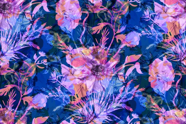 Botaniskt motiv med vallmo blommor och olika flerfärgade ört silhuetter på en blå bakgrund — Stockfoto