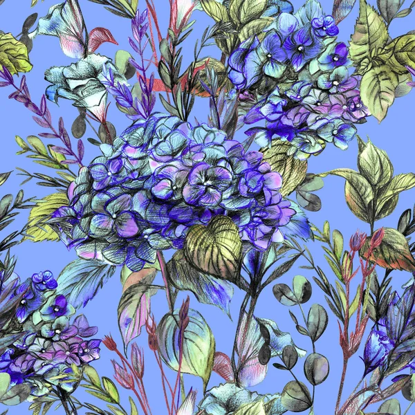 Botanisk sommar mönster i blå nyanser med realistiska hortensia blommor målade med vattencolo — Stockfoto