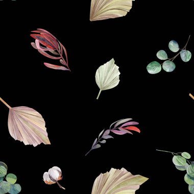 Siyah arka planda kuru palmiye yaprakları olan dikişsiz suluboya deseni