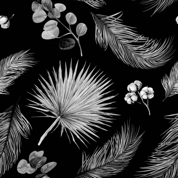 Aquarel naadloos patroon met droge palmbladeren in boho stijl op een zwarte achtergrond — Stockfoto