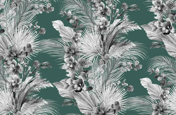Patrón blanco y negro sin costuras con flores de orquídea y herbario de hoja de palma seca —  Fotos de Stock